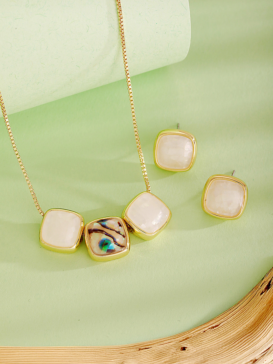 Elegant Square Stone Pendant Necklace & Earrings Set